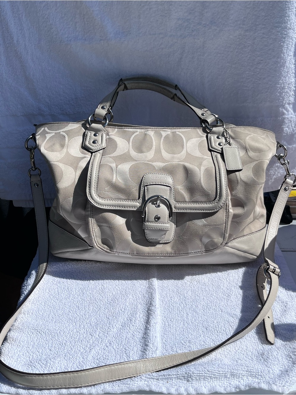 Vintage Coach Light Tan Signature Canvas Shoulder Bag with Leather Trim